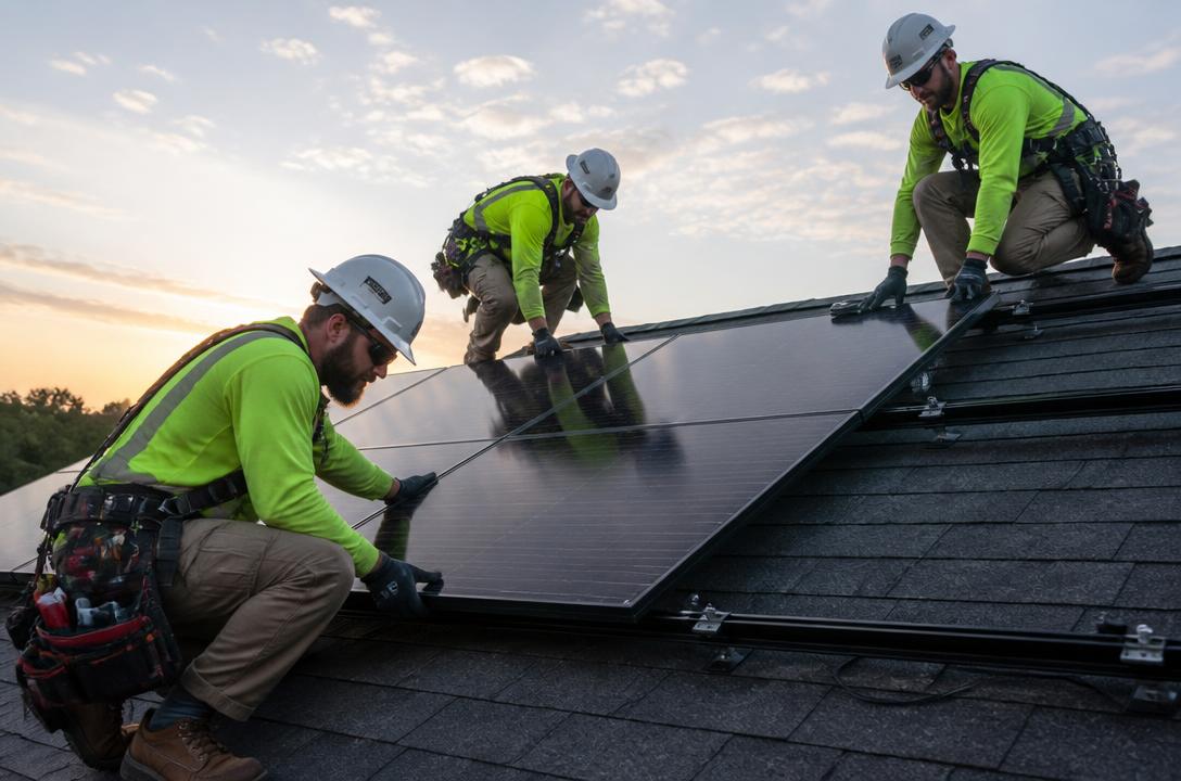 Professional crew installing rooftop solar panels